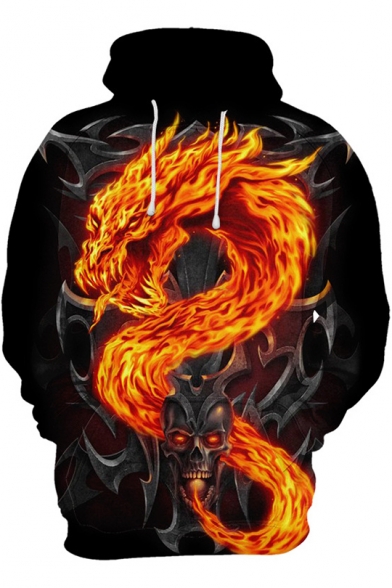 Cool 3D Fire Dragon Skull Printed Long Sleeve Loose Casual Black Hoodie