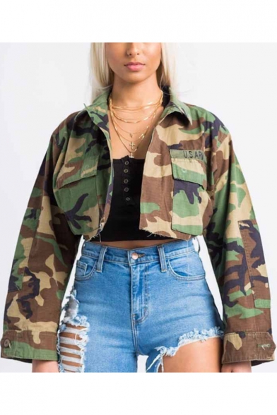Cool Camouflage Lapel Collar Long Sleeve Button Placket Cropped Jacket