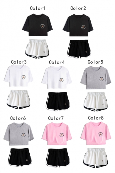Cool Letter Floral Printed Cropped T-Shirt Casual Shorts Two-Piece Set for Women