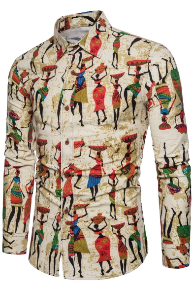 Ethnic Style Indian Figure Printed Men's Slim Fitted Long Sleeve Khaki Button-Up Shirt