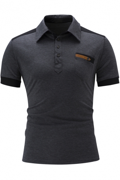 Fashion Colorblocked Short Sleeve Pocket Patched Chest Slim Fit Polo for Men