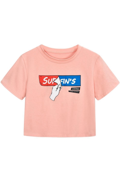 Funny Paper Letter Printed Pink Short Sleeve Round Neck Cropped T-Shirt