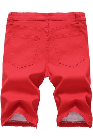Guys Simple Plain Trendy Pleated Crumple Ripped Detail Biker Jeans Denim Shorts