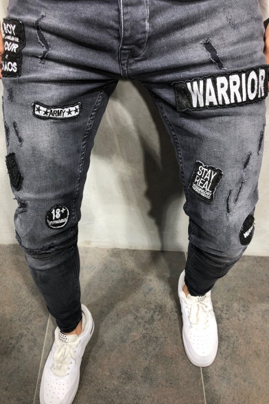 Men's Cool Street Letter WARRIOR Badge Patched Grey Skinny Fit Jeans (Pictures for Reference)