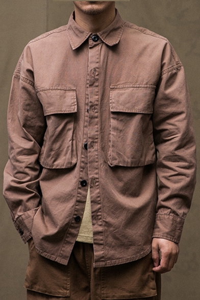 Men's New Fashion Simple Plain Retro Long Sleeve Big Pocket Cotton Military Work Shirt