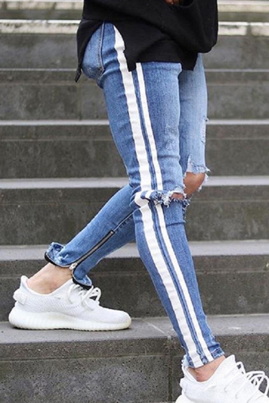 Men's New Stylish Cool Stripe Side Knee Cut Zip-Embellished Cuff Ripped Skinny Jeans in Light Blue