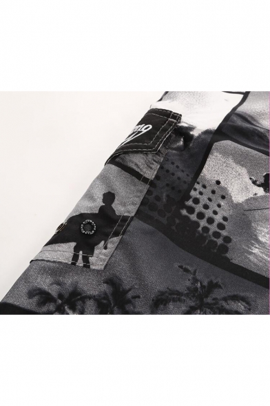 Men's Quick Drying Fashion Coconut Palm Tropical Print Drawcord Summer Surfing Swim Shorts