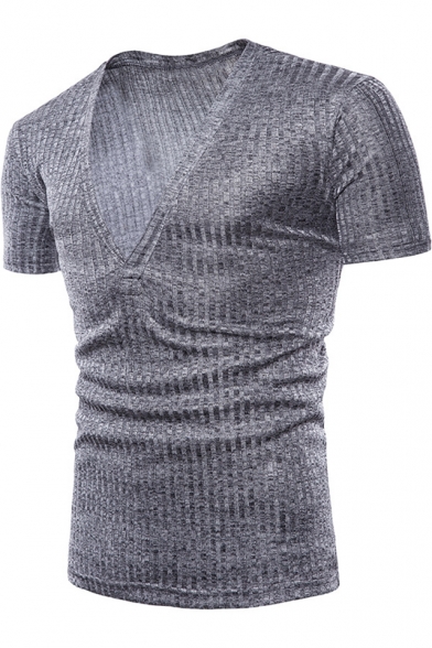 Men's Sexy Plunge V-Neck Short Sleeve Simple Plain Slim Fitted T-Shirt