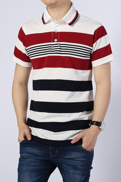 Men's Summer Comfort Cotton Contrast Tipped Collar Short Sleeve Striped Red Casual Polo