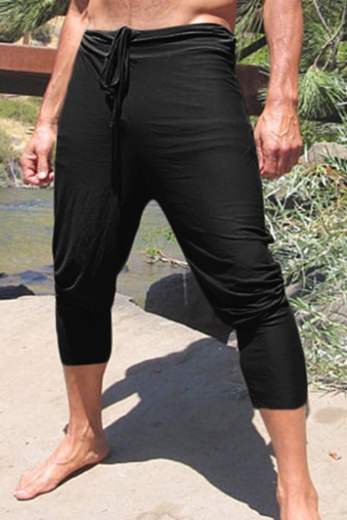 Men's Summer New Stylish Basic Plain Drawstring-Waist Comfort Casual Cotton Cropped Harem Pants