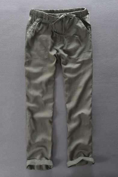 Mens Comfort Linen Basic Simple Plain Drawstring-Waist Loose Straight-Leg Pants