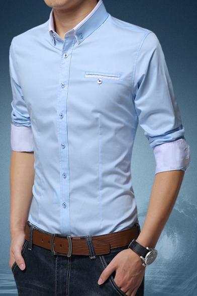 Mens Fashion Patchwork Fake Pocket Chest Long Sleeve Slim Button-Down Dress Shirt