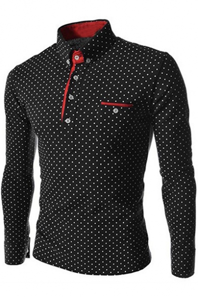 Mens New Stylish Polka-Dot Printed Long Sleeve Four-Button Casual Pullover Shirt
