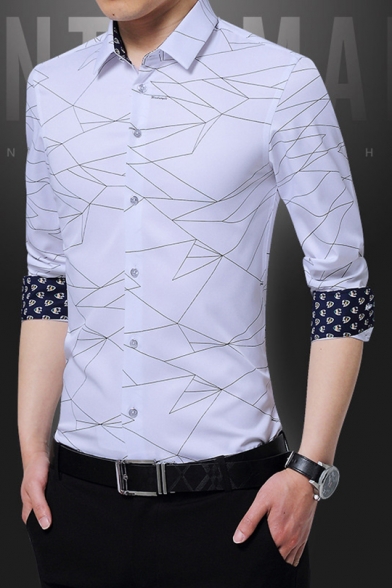 Fasclot Mens White Business Slim Fit Premium Shirts Printed Long Sleeve Button Shirt Top Blouse 