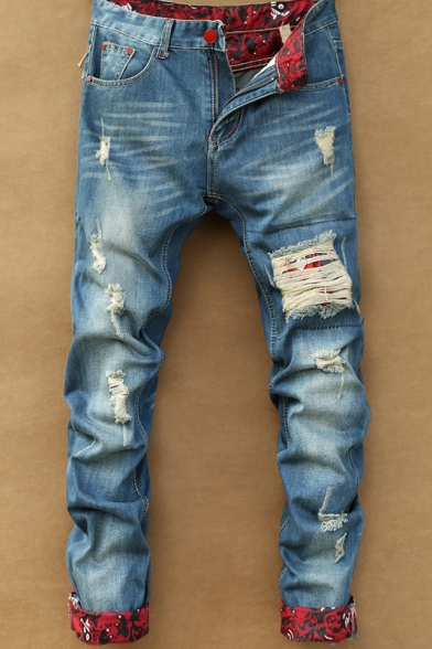 New Stylish Fashion Patchwork Rolled Cuff Regular Fit Blue Ripped Jeans for Men