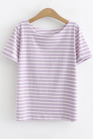 Summer Basic Fashion Striped Printed Round Neck Short Sleeve Loose Relaxed T-Shirt