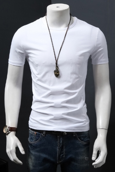 Summer Men's Simple Plain Round Neck Short Sleeve Slim Fit T-Shirt