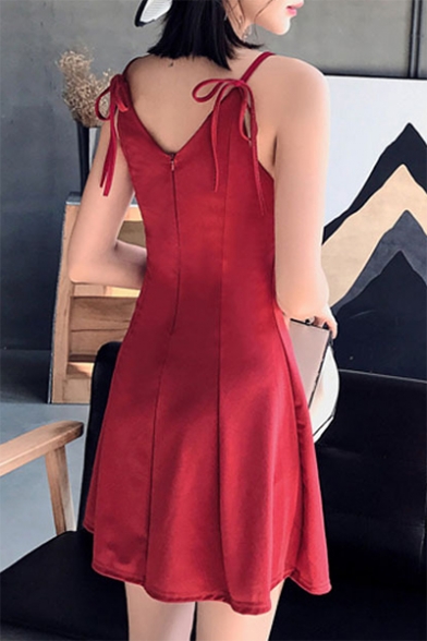 Summer New Trendy Cute Bow-Tied Straps Solid Color Mini A-Line Slip Dress