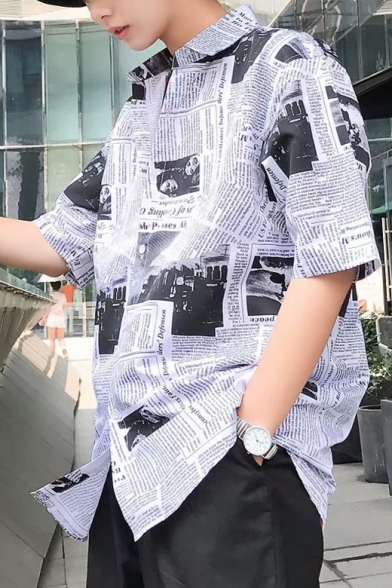Summer Retro Newspaper Pattern Casual Loose Short Sleeve White Shirt for Guys