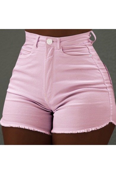Summer Solid Color Fashion Fringed Hem Skinny Fit Denim Shorts