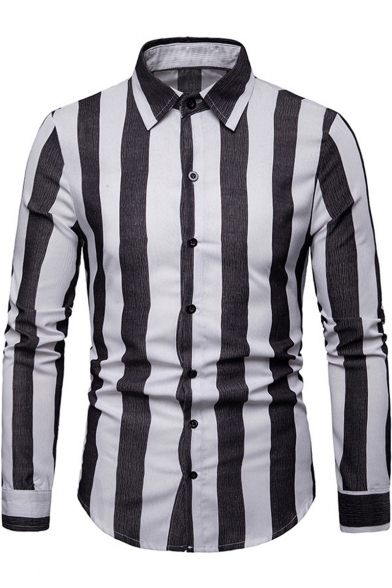 Men‘s Vertical Striped Slim Fit Long Sleeve Casual Button Down Dress Shirts