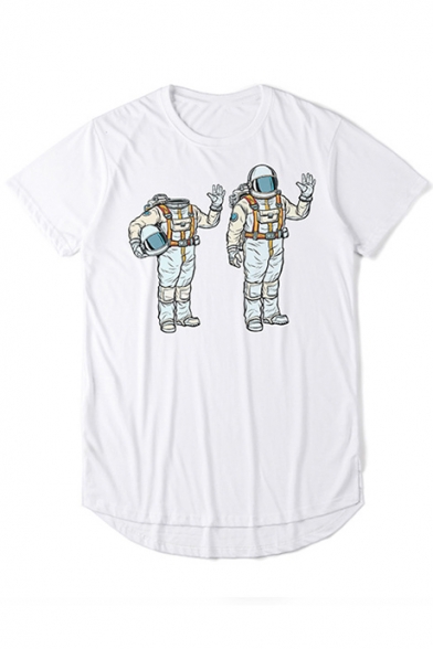 ummer New Trendy Funny Astronaut Pattern Short Sleeve Round Hem Longline T-Shirt