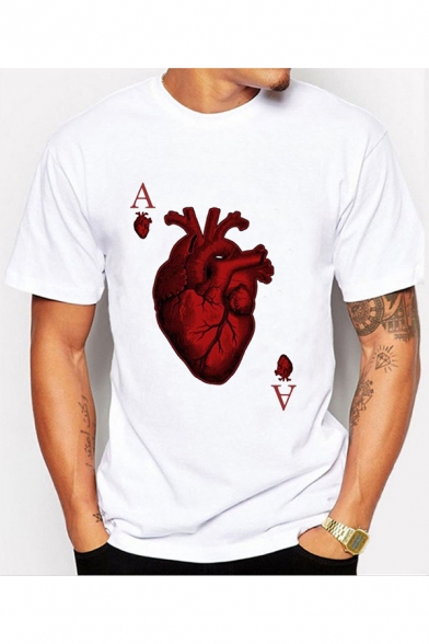 Unique Cool Heart Poker Printed Round Neck Short Sleeve White T-Shirt