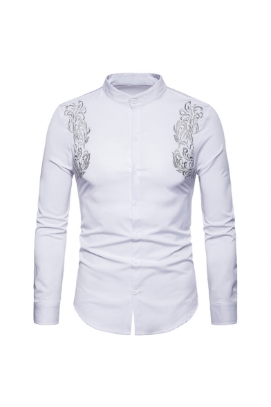 Vintage Royal Floral Embroidered Stand-Collar Long Sleeve Fitted Button-Up Shirt for Men