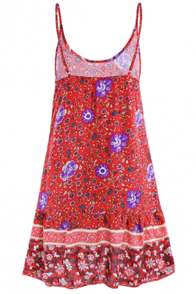 Women's Holiday Floral Printed Ruffled Hem Mini Swing Cami Dress