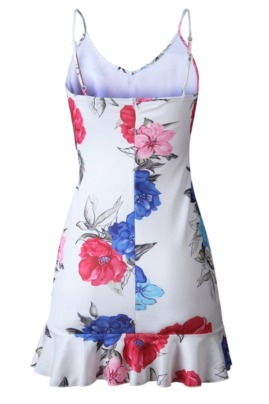 Womens Summer Stylish Floral Printed V-Neck Ruffled Hem Mini Slip Dress