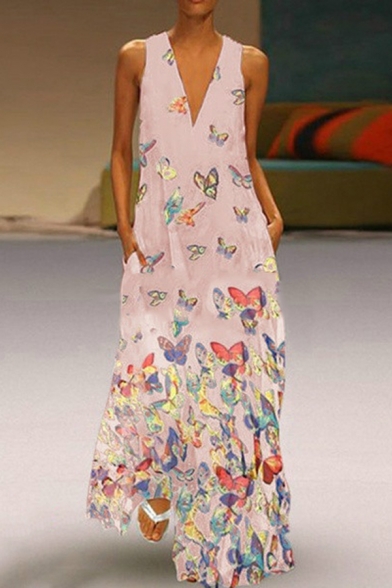 Boho Style Butterfly Printed V-Neck Sleeveless Beach Maxi A-Line Dress