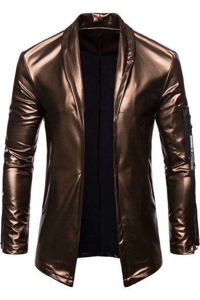 Cool Solid Zipper Embellish Shawl Collar Long Sleeve Open Front Slim PU Blazer Jacket for Men