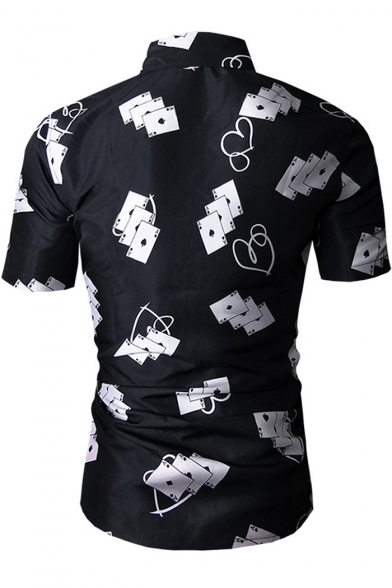 Fancy Cool 3D Digital Playing Cards Printed Short Sleeve Slim Fit Button-Up Men's Black Shirt