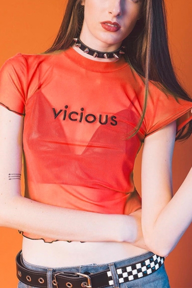 Fashion Embroidered Letter VICIOUS Printed Wave Hem Short Sleeve Mesh T-Shirt for Girls