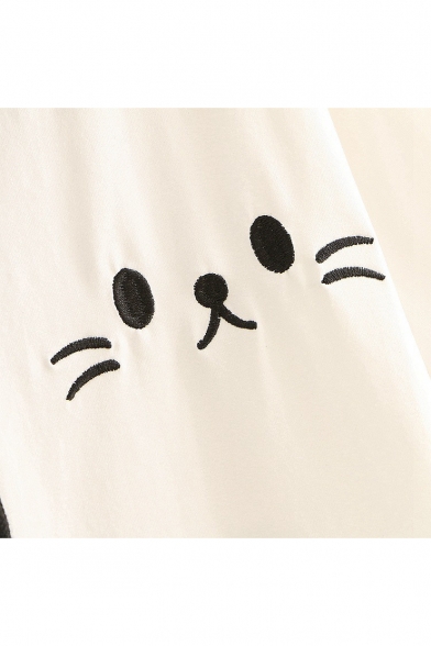 Funny Cartoon Cat Embroidery Color Block Short Sleeve Drawstring Hood T-Shirt