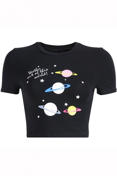 Girls Fancy Letter Planet Printed Short Sleeve Slim Fit Black Cropped T-Shirt