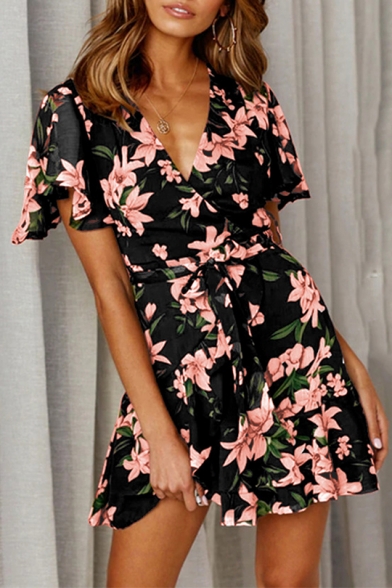 Hot Fashion Short Sleeve V-Neck Floral Print Tied Waist Mini A-Line Dress