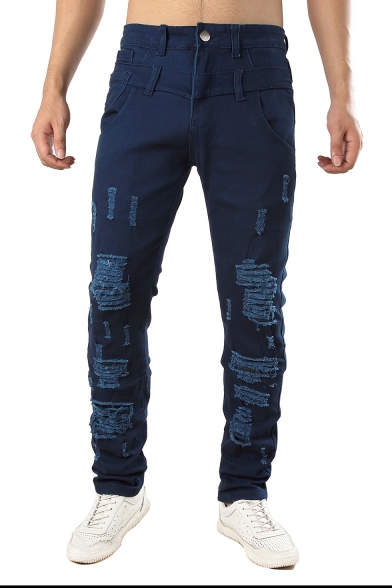Men Hip Hop Style Fashion Patchwork Royal Blue Casual Distressed Ripped Jeans