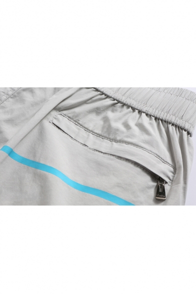 Men's Cotton Letter Striped Print Zip Pocket Drawstring Waist Breathable Beach Sport Casual Swim Trunks