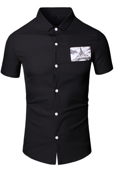 Men's New Stylish Applique Patched Short Sleeve Slim Fit Button-Front Shirt