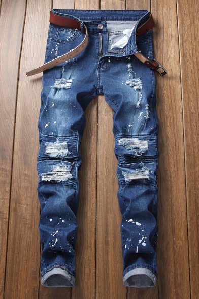 Men's Street Style Ink Dot Printed Pleated Knee Patched Slim Blue Ripped Jeans