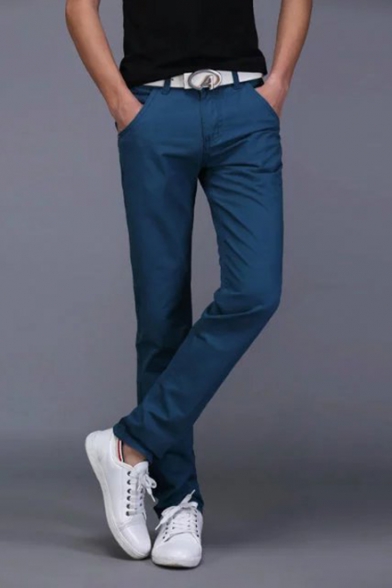 Mens Basic Simple Plain Casual Slim Fit Cotton Chino Trousers Pants