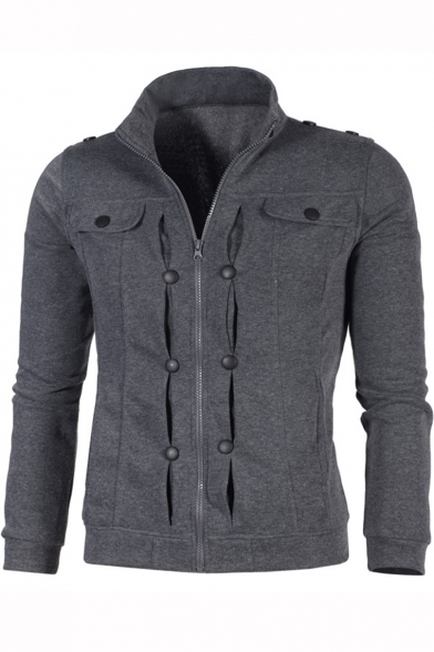 Mens Fashion Solid Color Stand-Collar Button Embellished Flap Pocket Front Fitted Zip Up Sweatshirt Jacket