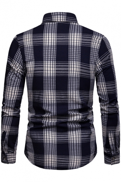 Mens New Trendy Check Pattern Long Sleeve Slim Fitted Button-Up Shirt