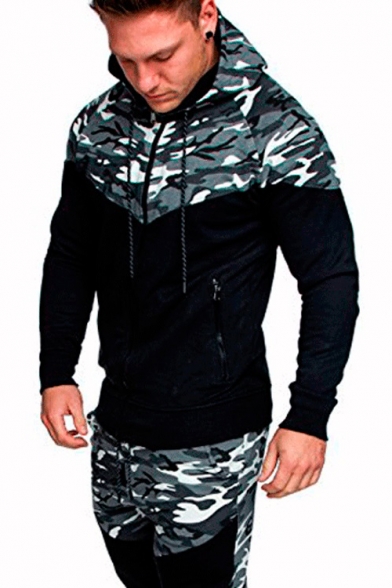 Mens Outdoor Fashion Camo Colorblock Sport Casual Slim Fit Zip Up Drawstring Hoodie