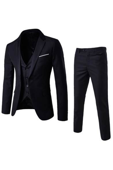 Mens Plain Long Sleeve Notched Lapel Single Breasted Slim Fit Wedding Dress Three-Piece Suit