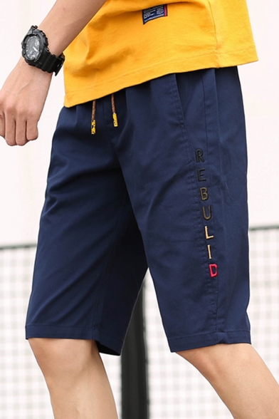 Mens Simple Letter Embroidery Drawstring Waist Loose Fit Cotton Chino Shorts