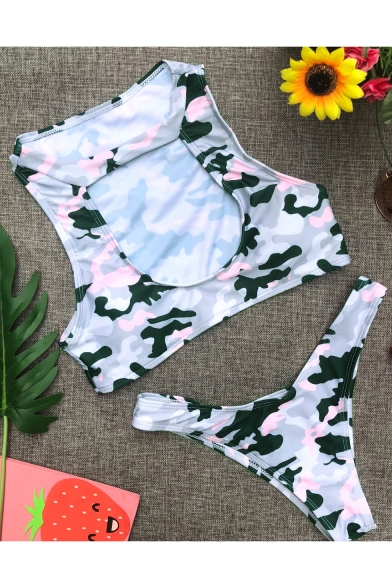 New Stylish Camouflage Printed Cut Out Sleeveless Bikini Set