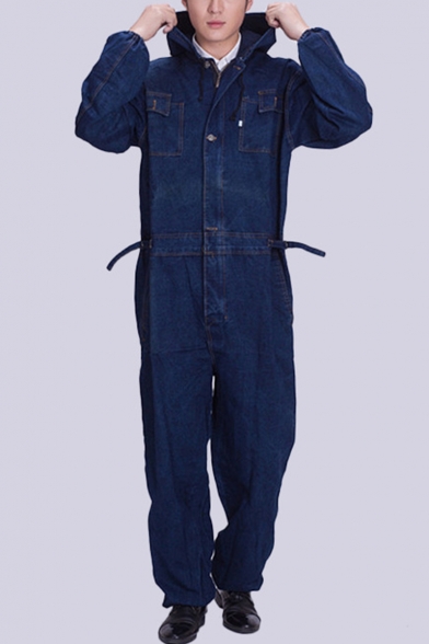 New Stylish Long Sleeve Hooded Simple Plain Button Down Dark Blue Denim Mechanic Coveralls for Men