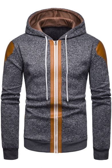 New Stylish PU Panelled Long Sleeve Zip Up Mens Casual Drawstring Hoodie